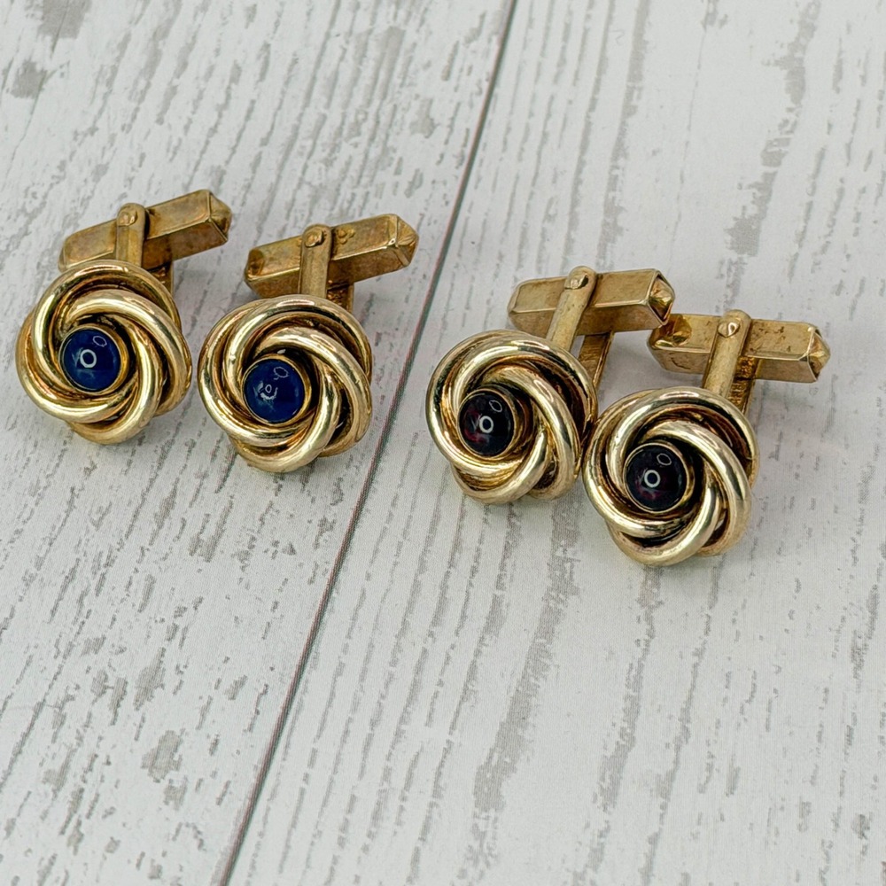 Vintage Swank Gold Tone Love Knot Cufflinks Set Blue & Red Cabochon Toggle Back